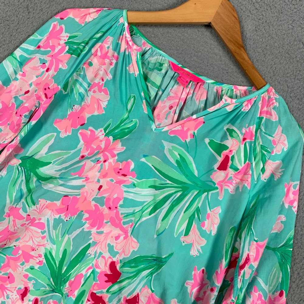 Lilly Pulitzer Elsa Top Blouse Women‎ Small Teal Pink Floral Long Sleeve V-Neck